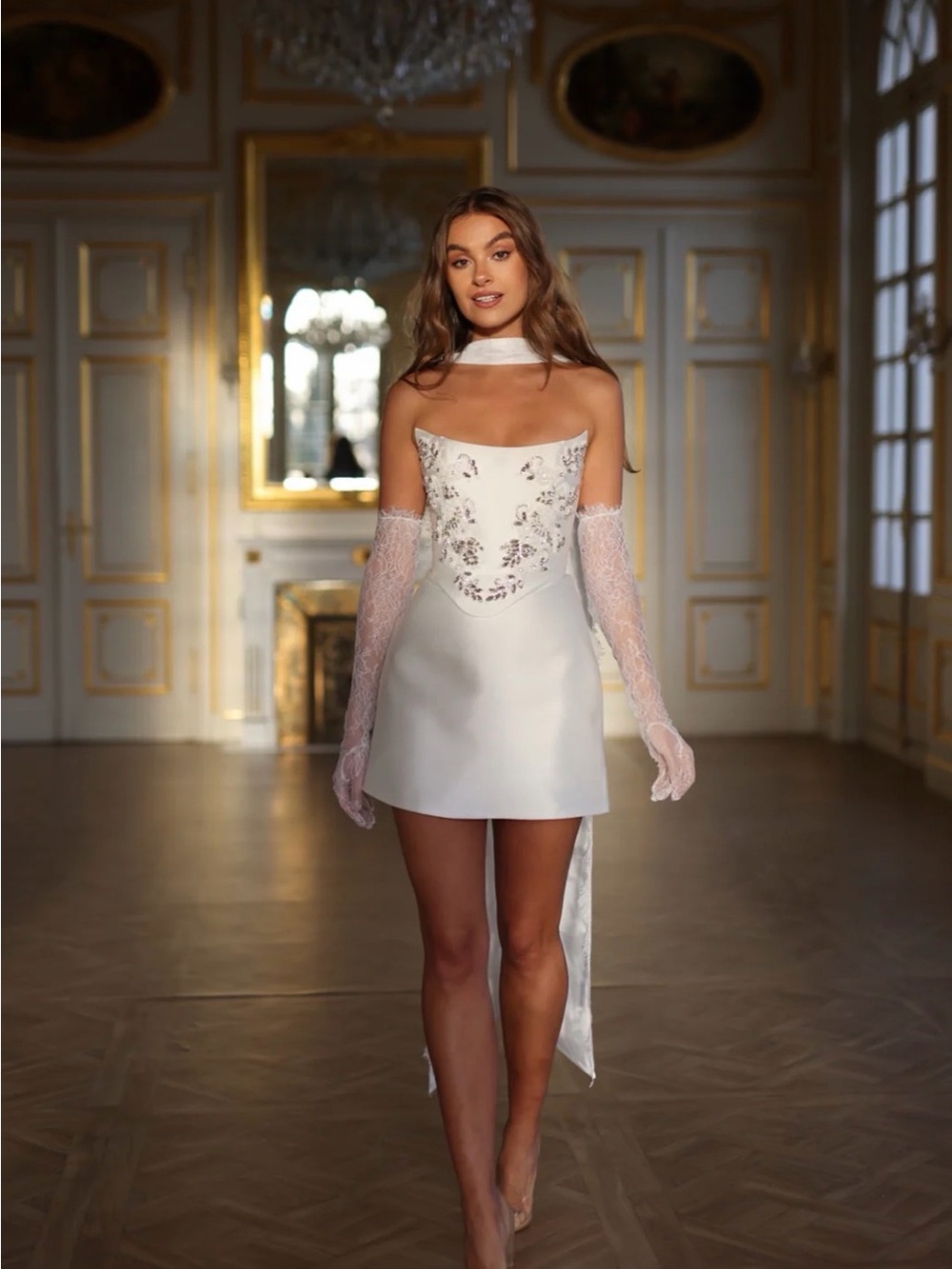 Ivory Embellished Mini Dress with Neck Scarf